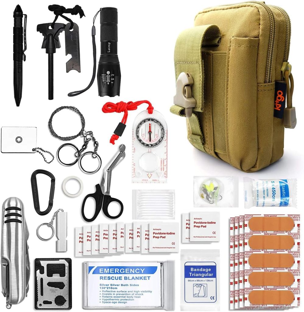 Kitgo Outdoor Survival First Aid Kit 101 Piece Professional Emergency Survival Gear Tool for Hunting Hiking Camping Outdoor Adventure Fishing Travel Home Office Military Tropical Storms (Khaki)