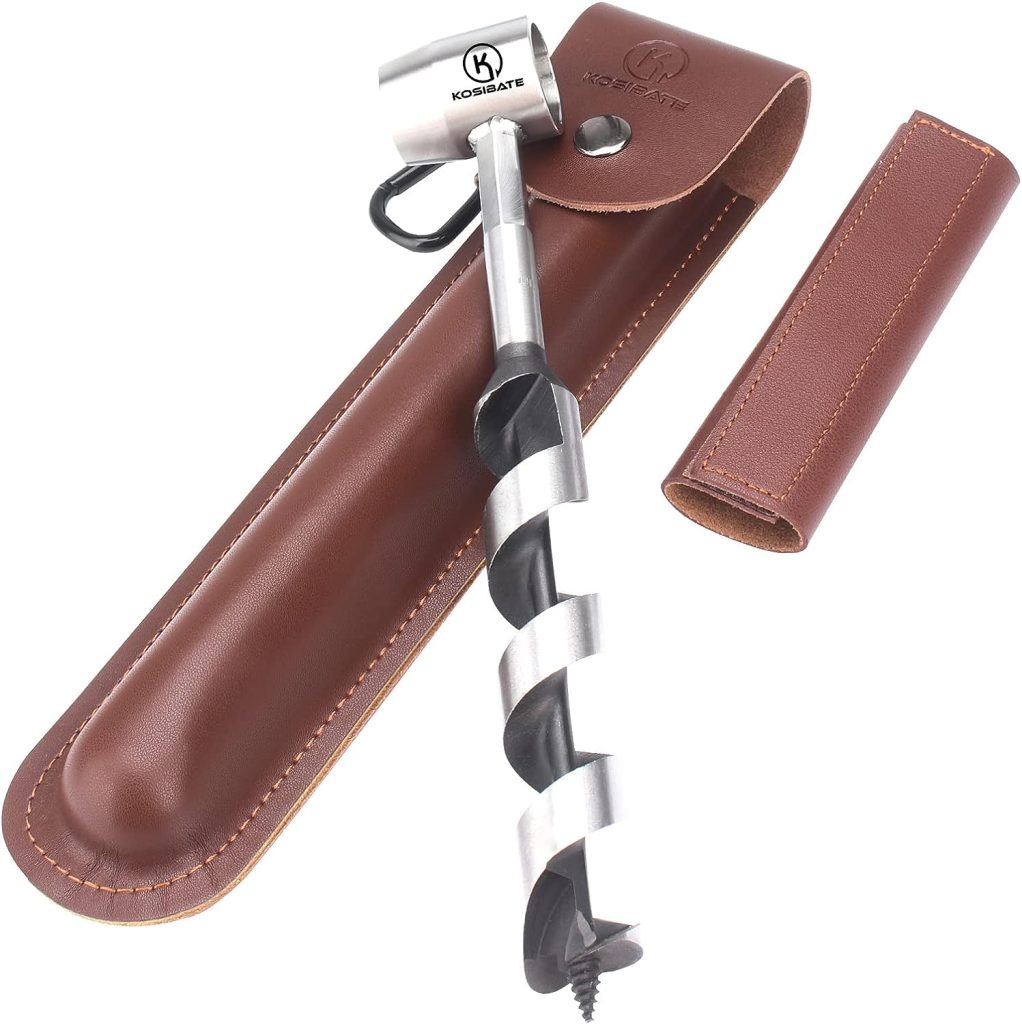 KOSIBATE Bushcraft Gear, Hand Auger Wrench for Easy Wood Drilling - Settlers Wrench and Bushcraft Tools Perfect for Camping and Woodworking Tasks-Scotch Eye Wood Drill with Leather Case Brown.