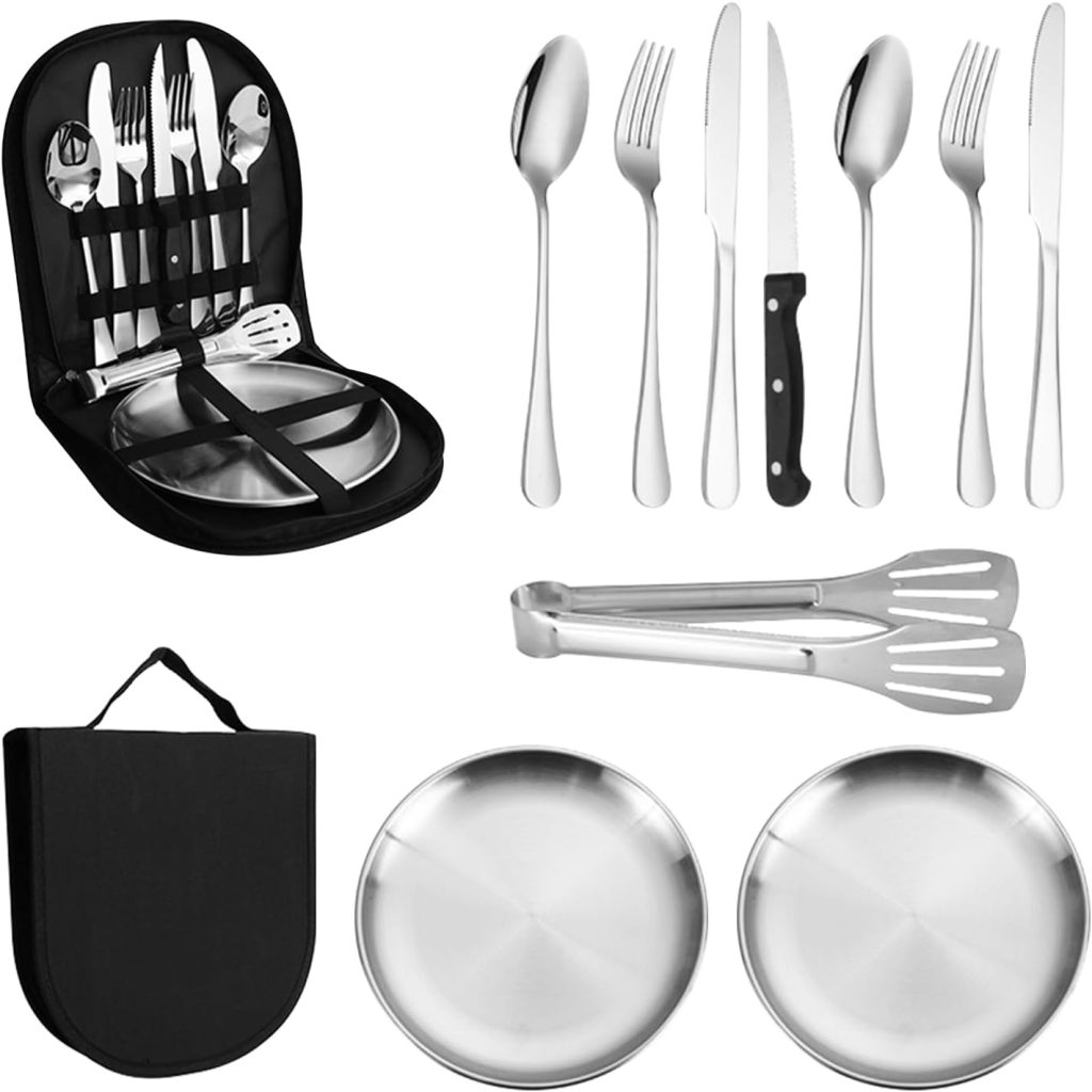 La Llareta Camping Cutlery Set, 11-Piece Portable Outdoor Tableware, Stainless Steel Picnic Cutlery, with Zip Case, for 2 People, Hiking, Camping, Picnic