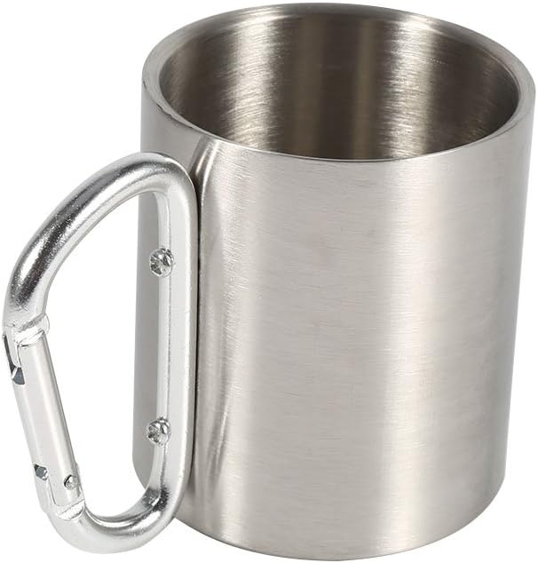 Les-Theresa Camping Coffee Mug, Portable Stainless Steel Mug Hiking Camping Travel Outdoor Carabiner Climbing Cup Double Wall Mug with Self-Locking D-Ring Carabiner Hook Handle