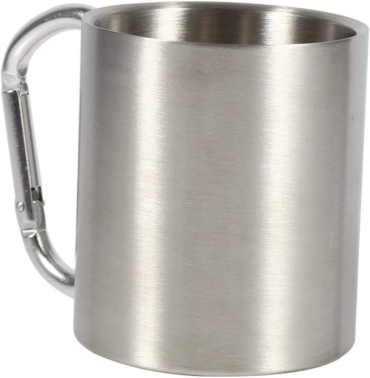 Les-Theresa Camping Coffee Mug, Portable Stainless Steel Mug Hiking Camping Travel Outdoor Carabiner Climbing Cup Double Wall Mug with Self-Locking D-Ring Carabiner Hook Handle