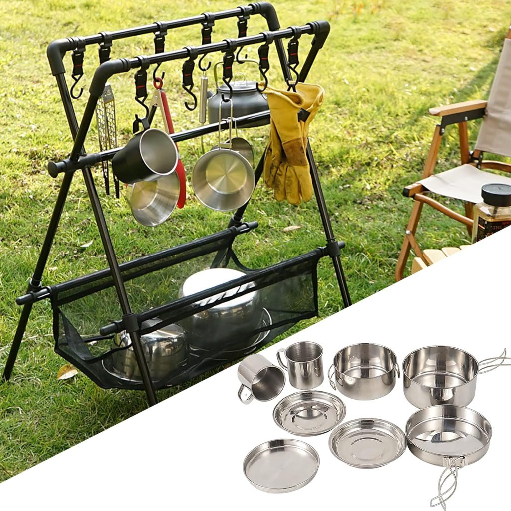 LHYSMYX Outdoor Stainless Steel Camping Cookware Set Portable Bowl Barbecue Pot with 5-6 People Folding Combination 8Pcs Set