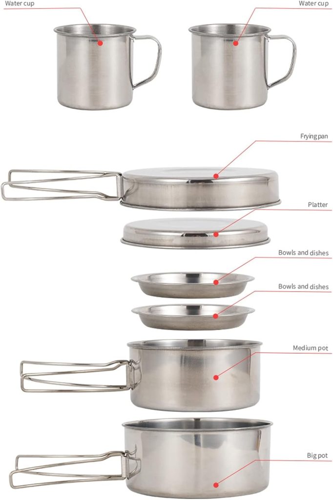 LHYSMYX Outdoor Stainless Steel Camping Cookware Set Portable Bowl Barbecue Pot with 5-6 People Folding Combination 8Pcs Set