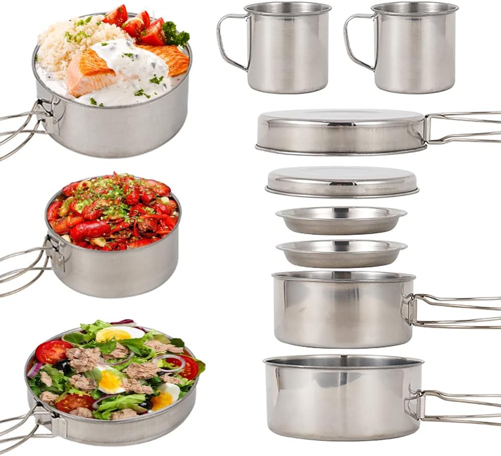 Lixada Camping Cookware Kit, 8-Piece Camping Pot Pan Set, Stainless Steel Crockery Cooking Pot Set with Plates, Cups for Picnic, Outdoor Camping, Hiking, Backpacking