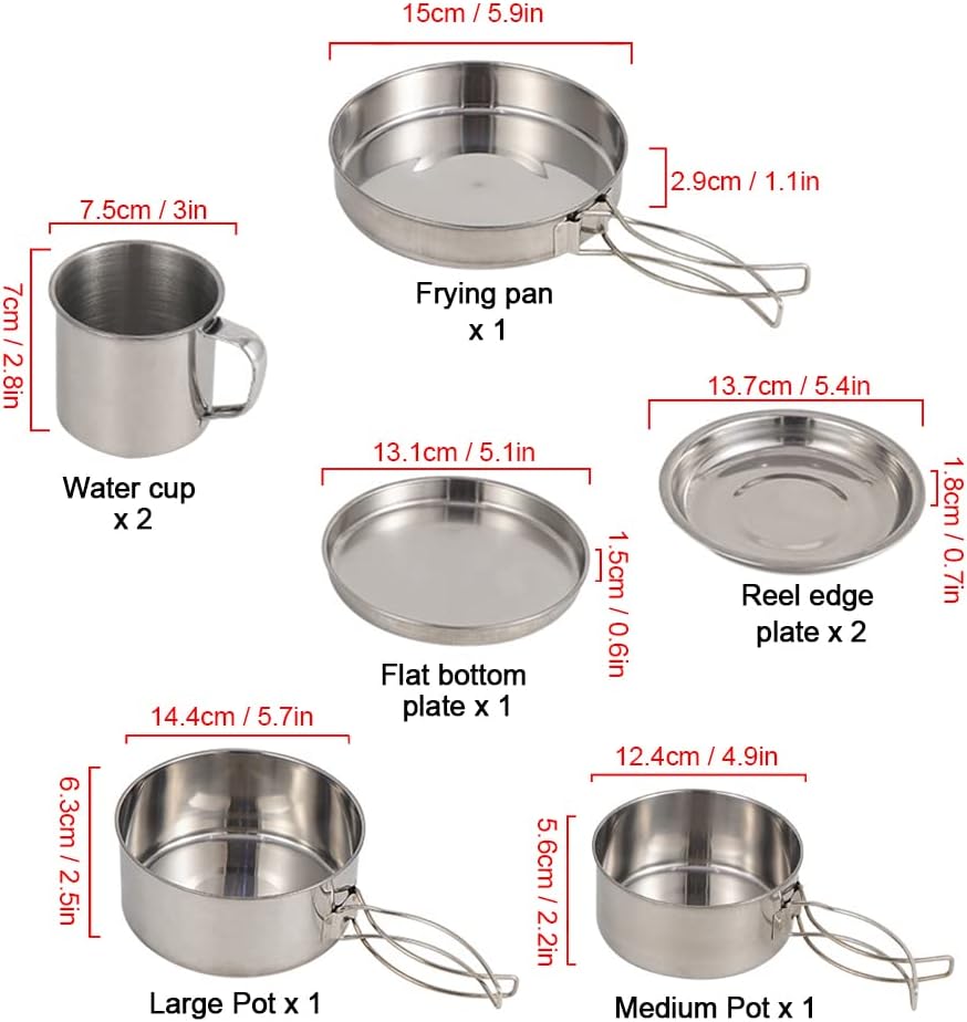 Lixada Camping Cookware Kit, 8-Piece Camping Pot Pan Set, Stainless Steel Crockery Cooking Pot Set with Plates, Cups for Picnic, Outdoor Camping, Hiking, Backpacking