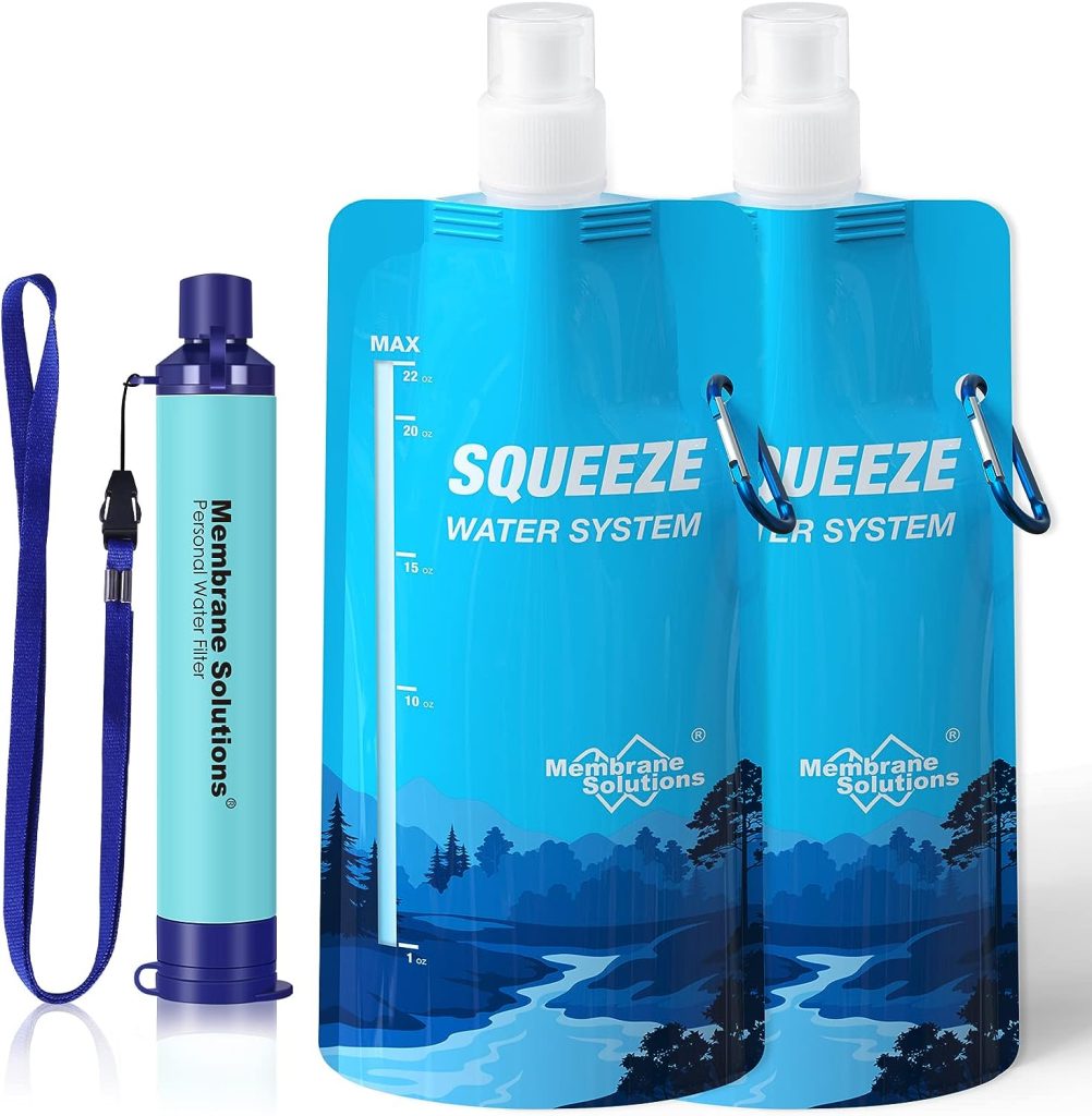 Membrane Solutions Squeeze Water Filtration System, Survival Water Purifier Kit, Portable Backpacking Gear Including Water Filter Straw and 23oz Collapsible Water Bottle for Hiking Camping Travel(1+2)