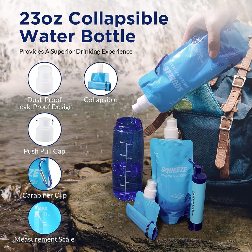 Membrane Solutions Squeeze Water Filtration System, Survival Water Purifier Kit, Portable Backpacking Gear Including Water Filter Straw and 23oz Collapsible Water Bottle for Hiking Camping Travel(1+2)