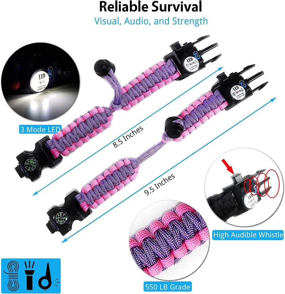 Nexfinity One Survival Paracord Bracelet - Tactical Emergency Gear Kit with SOS LED Light, 550 Grade, Adjustable, Multitools, Fire Starter, Compass, and Whistle - Set of 2