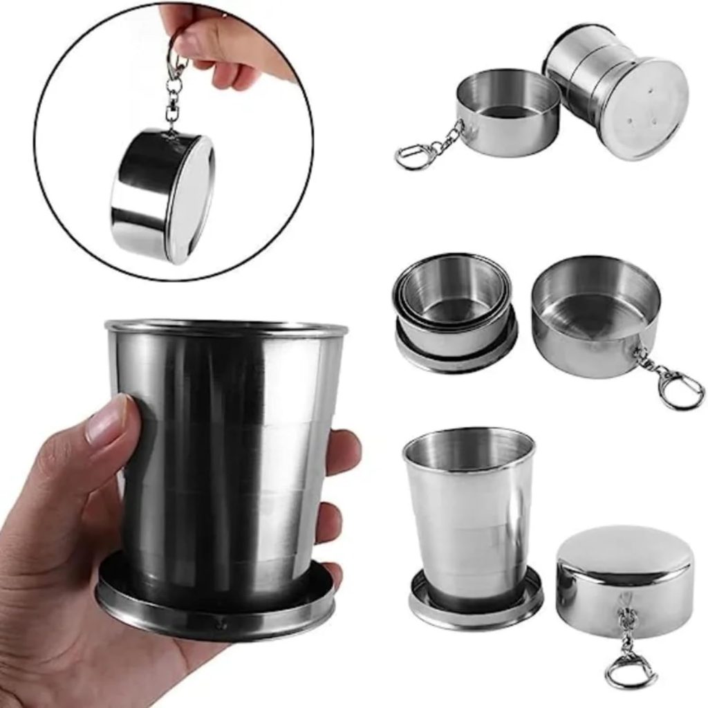 Nikou Stainless Steel Folding Cup - Camping Cup Collapsible Drink Glass Cup with Lid Keyring for Outdoor Travel Camping Hiking Fishing Mountaineering Retractable Telescope Portable