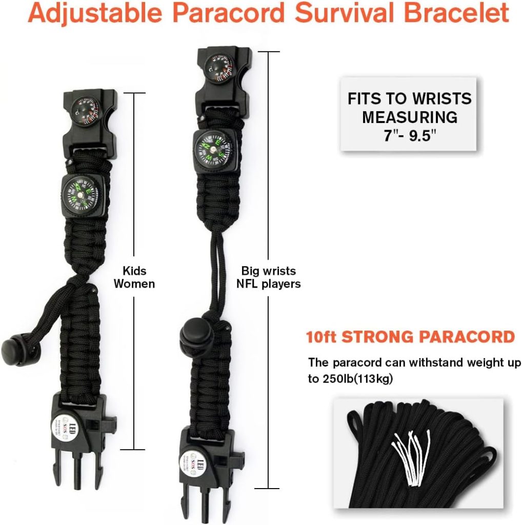 NVioAsport 20 in 1 Survival Paracord Bracelet Adjustable Gear Kit with SOS LED Light, Fire Starter, Bigger Compass, Survival Whistle, Perfect for Camping, Hiking, Fishing