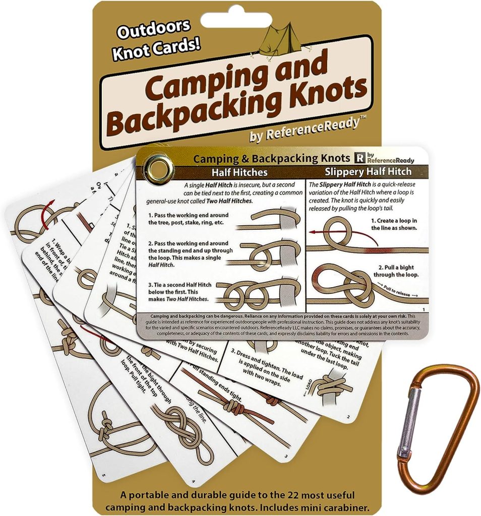 Outdoor Knots - Waterproof Knot Tying Cards with Mini Carabiner - Includes 22 Rope Knots for Camping, Backpacking,  Scouting Scenarios