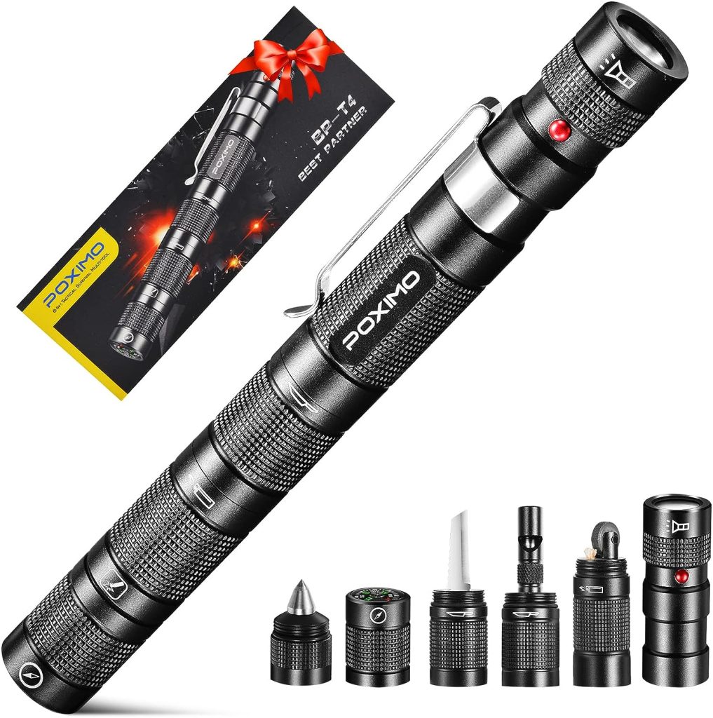 POXIMO EDC Multitool 5-In-1 Tactical Survival Gear with Flashlight, Lighter(No Fuel), Glass Breaker, Cutter, Compass, Pocket Camping Multi-Tool Gadget, Cool Birthday Gift for Men Dad Husband