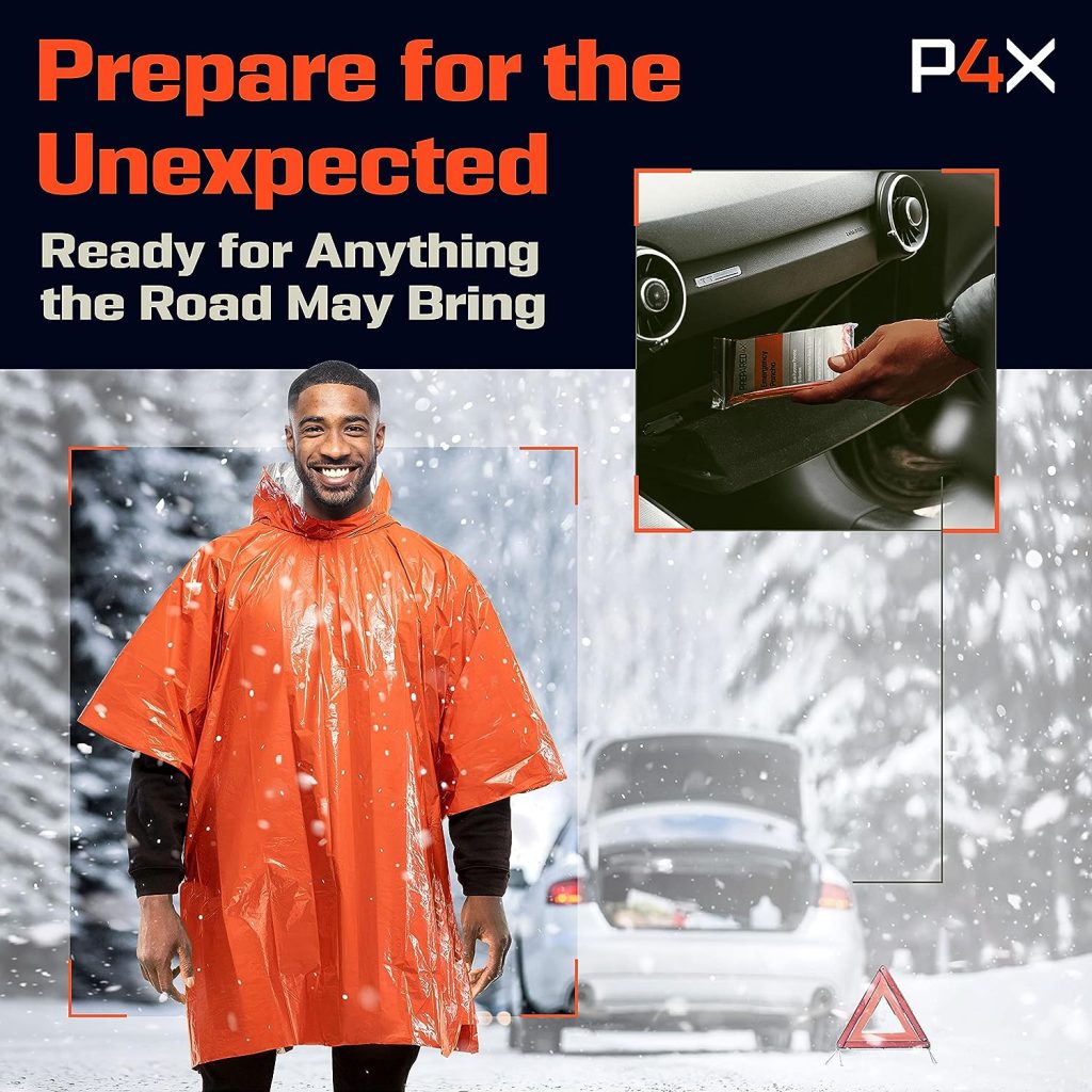 PREPARED4X Emergency Rain Poncho with Mylar Blanket Liner - Survival Blankets for Car - Heavy Duty, Waterproof Camping Gear