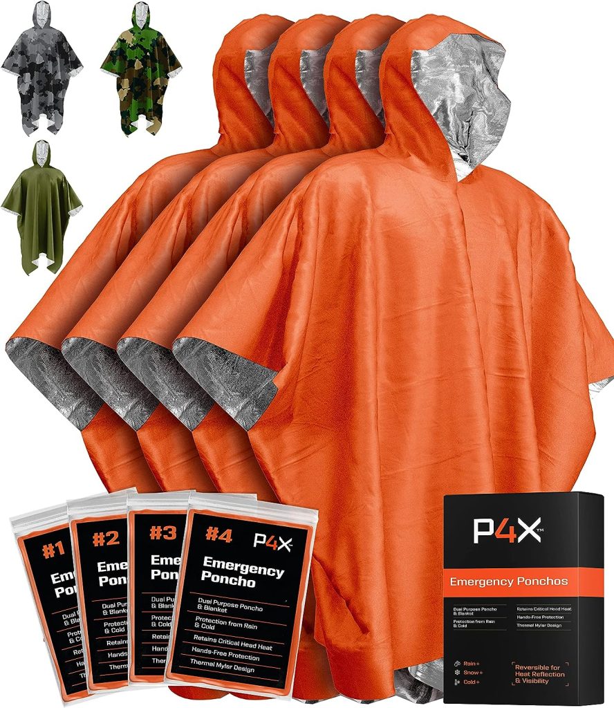 PREPARED4X Emergency Rain Poncho with Mylar Blanket Liner - Survival Blankets for Car - Heavy Duty, Waterproof Camping Gear