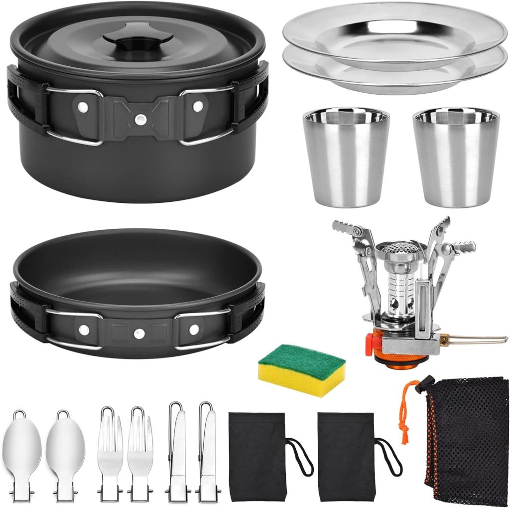 Queta Camping Cookware Set 17 Pieces Cookware Kit Picnic Pots for 2-3 People for Camping Outdoor Hiking Picnic BBQ, Fda Certified