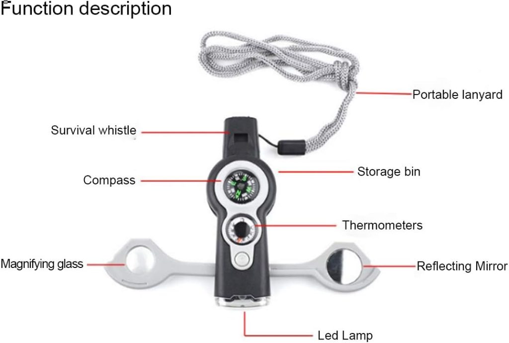 Safety Whistle Emergency with Lanyard, 7 in 1 Survival Multitool for Camping, Hiking, Hunting, Fishing and Adventure, Outdoor.