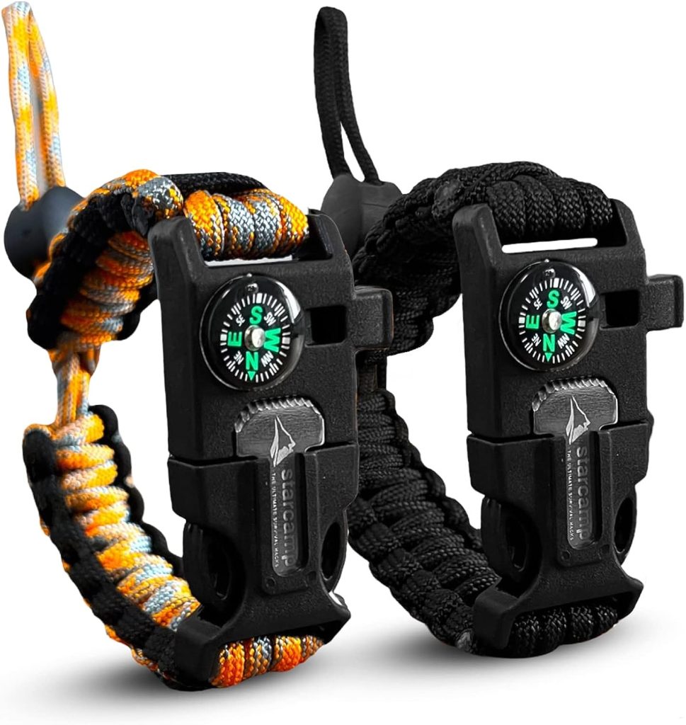 Starcamp Paracord Survival Bracelet Loud Whistle Emergency Compass Survival Fire Starter Scraper Accessories for Hiking and Camping 2-Pack