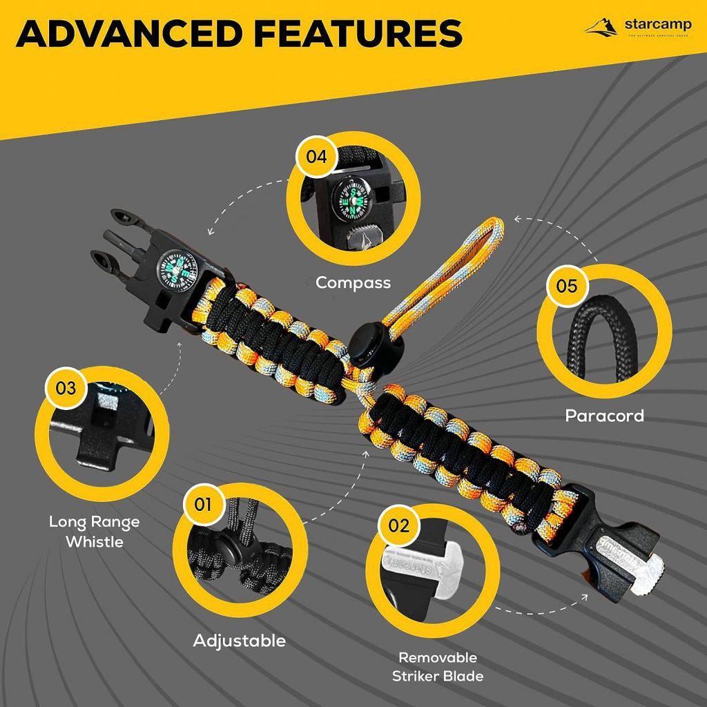 Starcamp Paracord Survival Bracelet Loud Whistle Emergency Compass Survival Fire Starter Scraper Accessories for Hiking and Camping 2-Pack