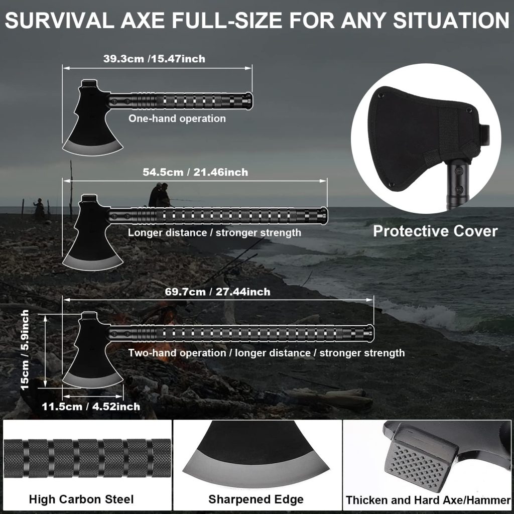 Sunkoon Survival Shovel Survival Axe, Camping Folding Shovels Hatchet with 19.2-37.8inch Lengthened Handle Enlarged Shovelhead High Carbon Steel with Storage Pouch for Camping Cycling Hiking