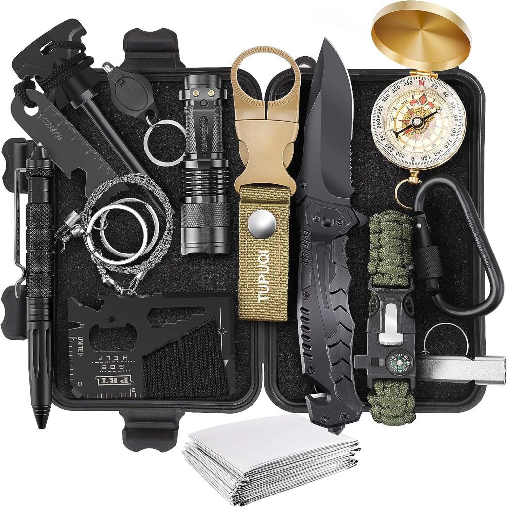 Survival Kit Emergency Kit, Gifts for Men Teenagers Dad Husband, 15 in 1 Survival Gear and Equipment Tactical Gear Camping Accessories for Outdoor Emergency Camping Hiking Hunting