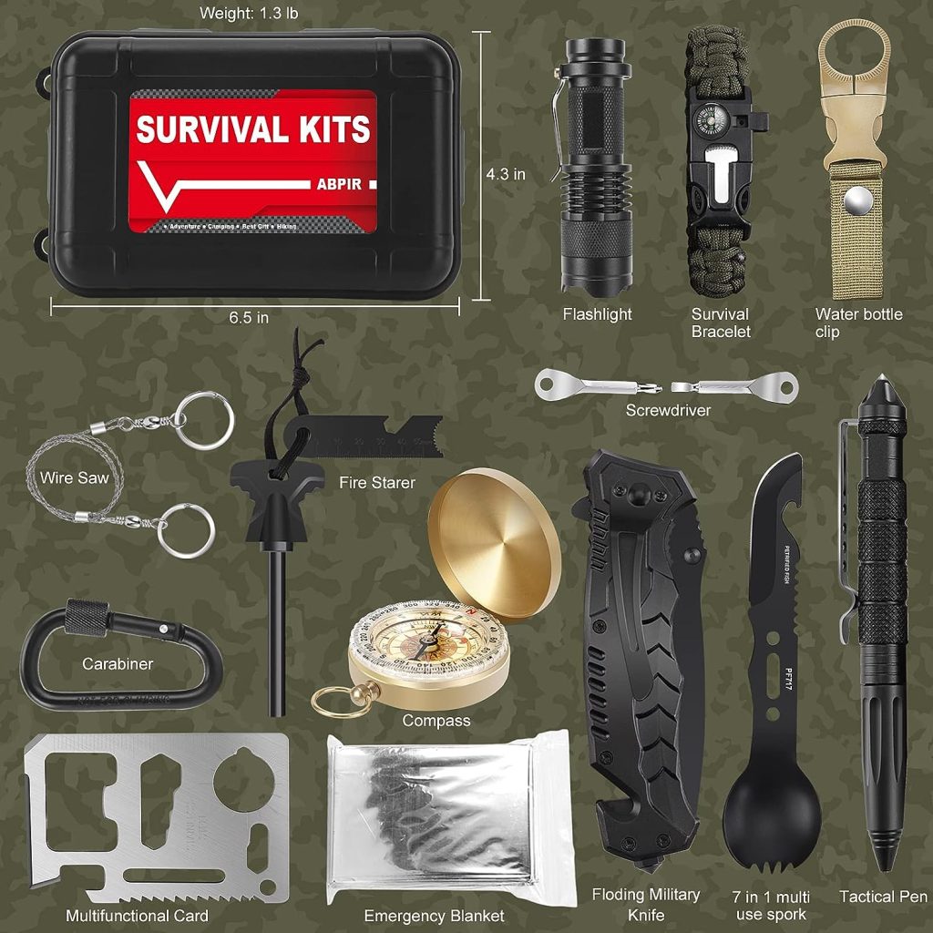 Survival Kits, 16 Pcs Survival Gear and Equipment, Christmas Stocking Stuffers, Gift for Men Camping Outdoor Adventure