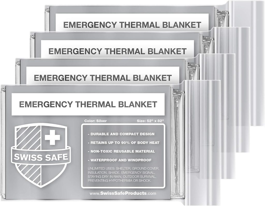 Swiss Safe Emergency Mylar Thermal Blankets + Bonus Gold Foil Space Blanket. Designed for NASA, Outdoors, Survival, First Aid, Silver, 4 Pack