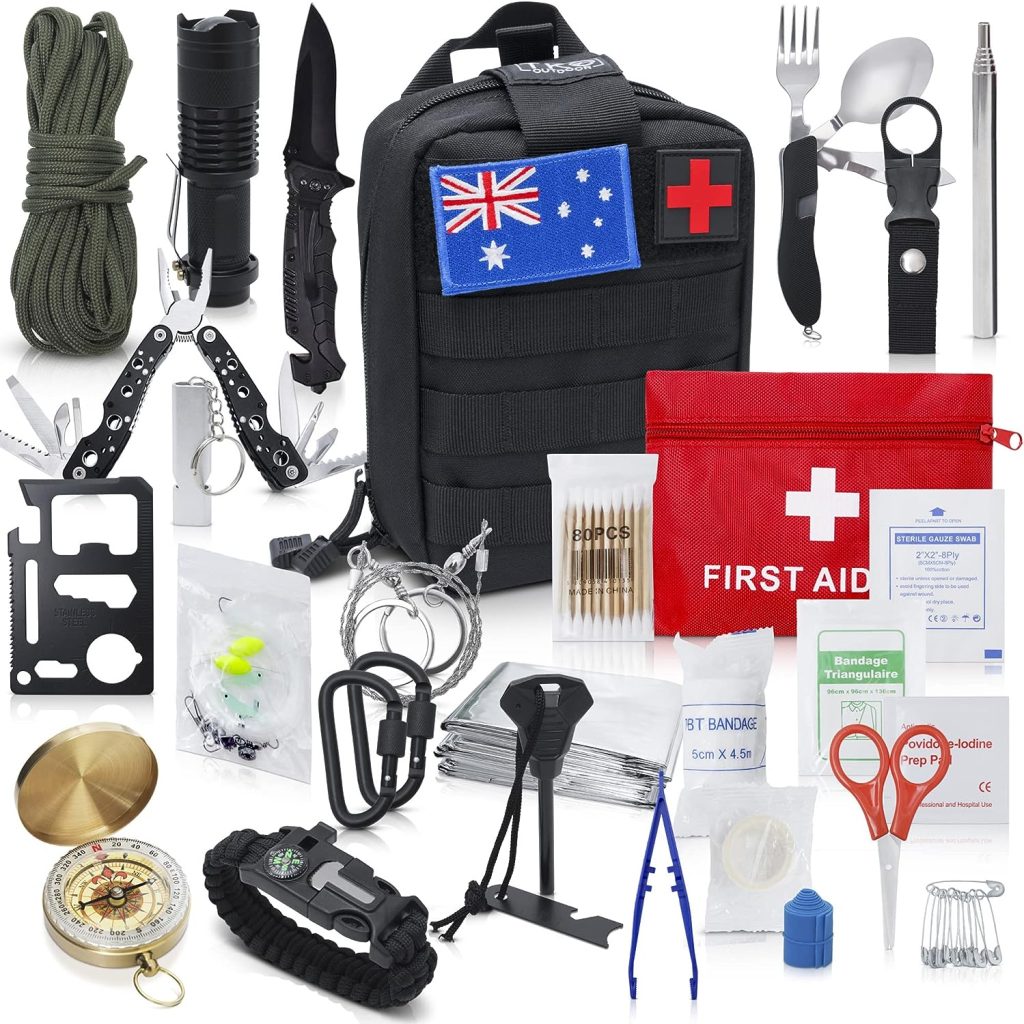 TKO Outdoor Professional Survival Kit - 20 in 1 Tactical Gear for Camping Hunting Hiking and Adventures | Equipment Including First Aid Kit, Knife, Flashlight + Tools | Gifts for Men Dad Husband