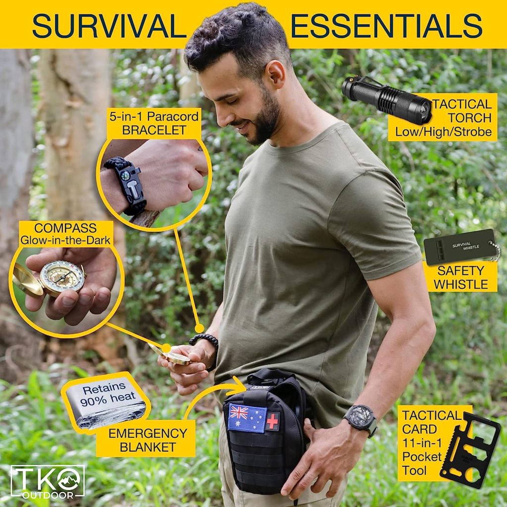 TKO Outdoor Professional Survival Kit - 20 in 1 Tactical Gear for Camping Hunting Hiking and Adventures | Equipment Including First Aid Kit, Knife, Flashlight + Tools | Gifts for Men Dad Husband