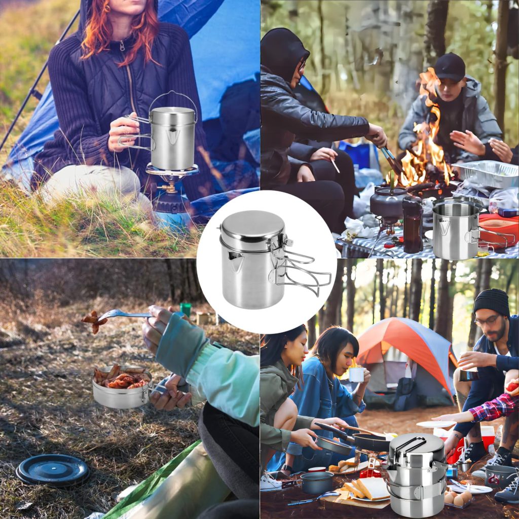 Wuudi Camping Pot Cookware Set 1L Stainless Steel Cup Cooking Kettle with Lid and Handle for Camping Hiking Fishing Picnic