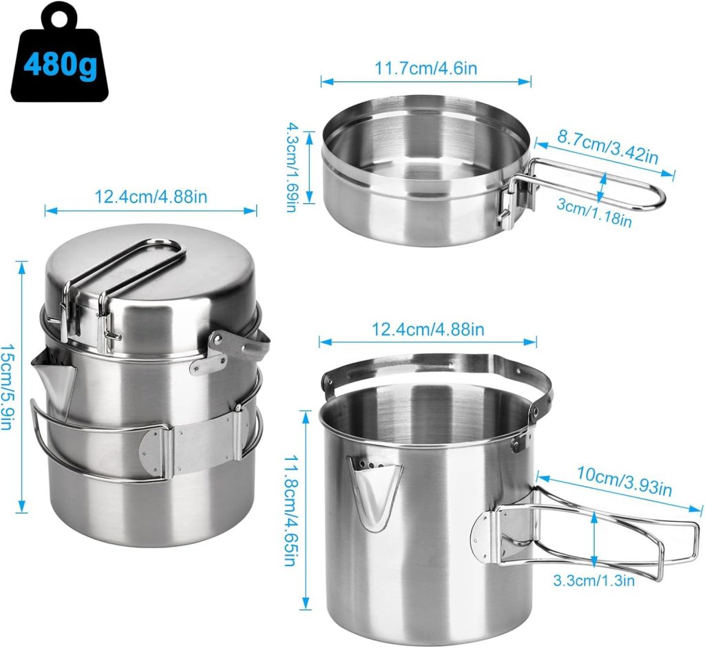 Wuudi Camping Pot Cookware Set 1L Stainless Steel Cup Cooking Kettle with Lid and Handle for Camping Hiking Fishing Picnic