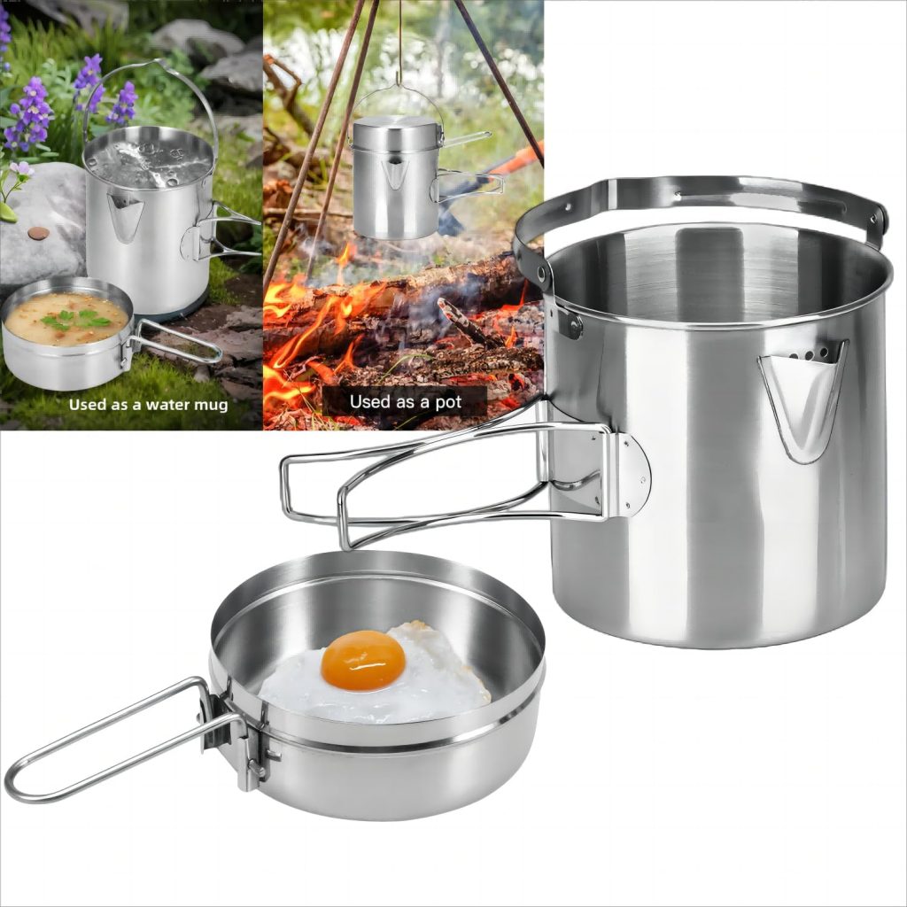 Wuudi Camping Pot Cookware Set 1L Stainless Steel Cup Cooking Kettle with Lid and Handle for Camping Hiking Fishing Picnic